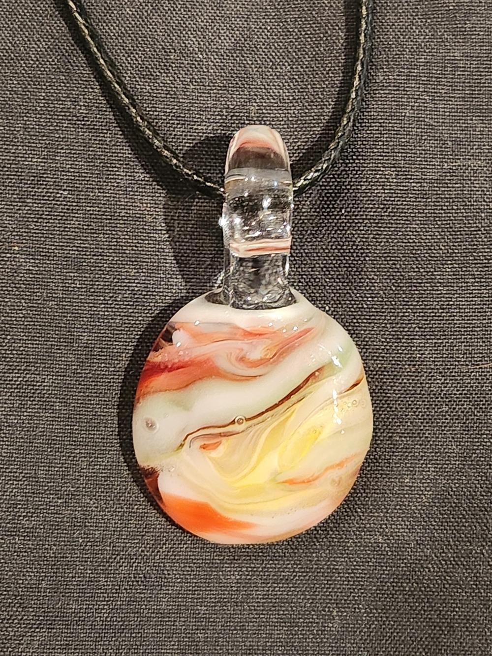Artisan Glass Swirl Pendant Necklace Black Cord Earthy Cream Brown Orange
